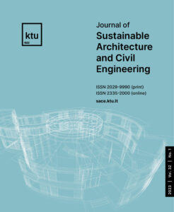 The cover of the journal "Sustainable Architecture and Civil Engineering" An illustrative cover image of the journal "Sustainable Architecture and Civil Engineering", predominantly dark cyan, featuring a white outline graphic element of a technical drawing.