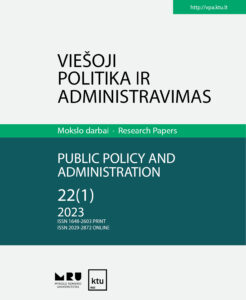 The cover of the journal "Public Policy and Administration" An illustrative cover image of the journal "Public Policy and Administration", featuring three dominant colors arranged in horizontal bands: white, very dark green, and a lighter grass-green shade.